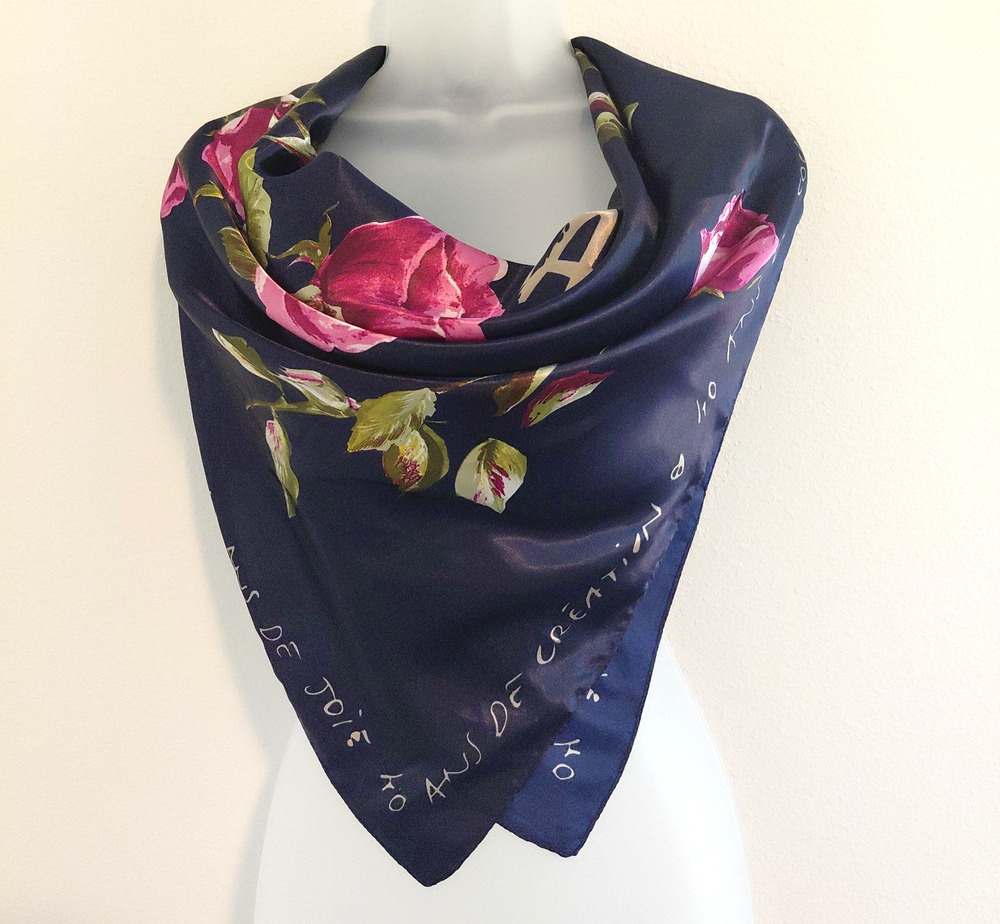 Vintage KENZO Paris Silk Scarf 40 Years of Color Navy Blue with Pink Roses Chic
